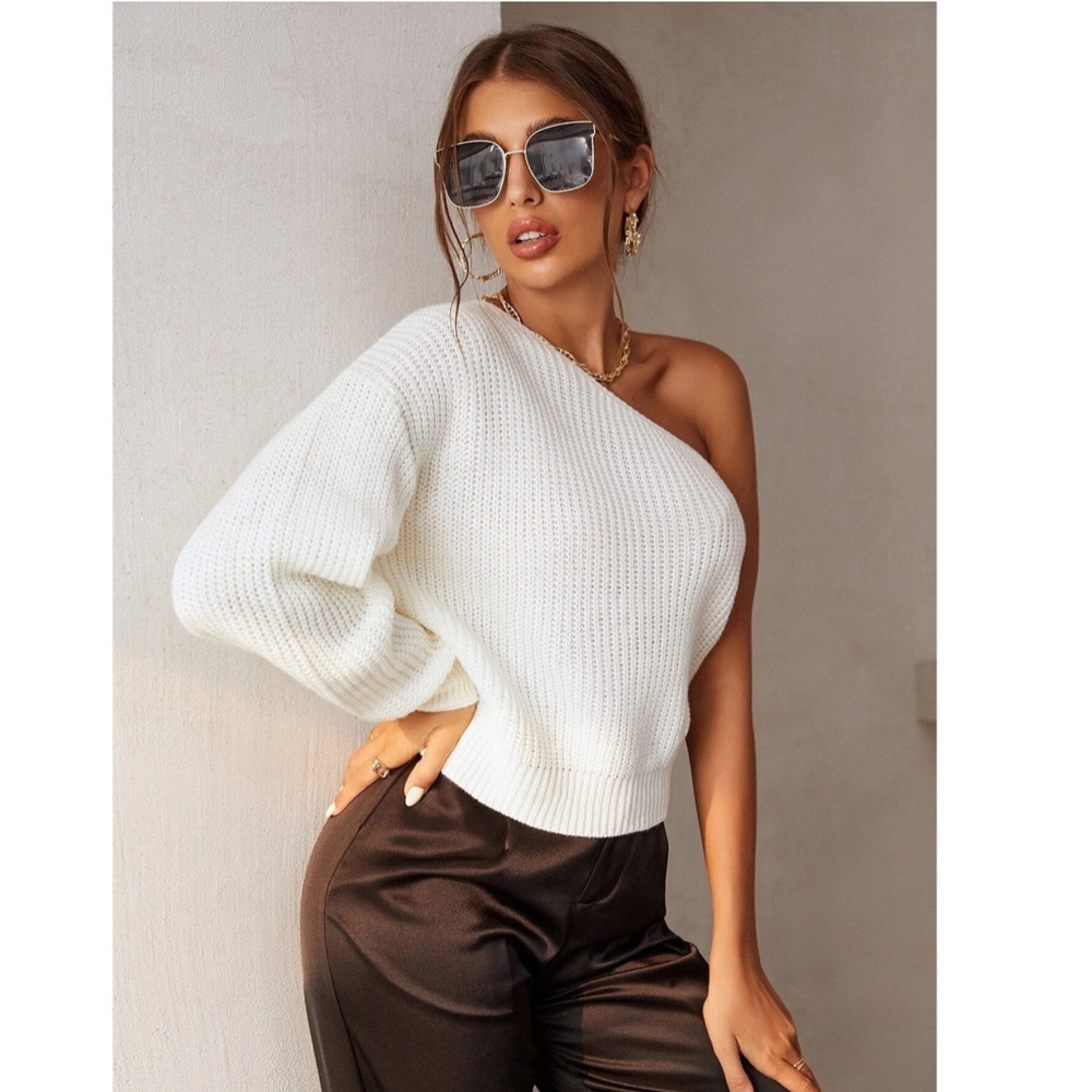 Cable Knit White One Shoulder Lantern Long Sleeve Pullover Sweater - Picture 3 of 7